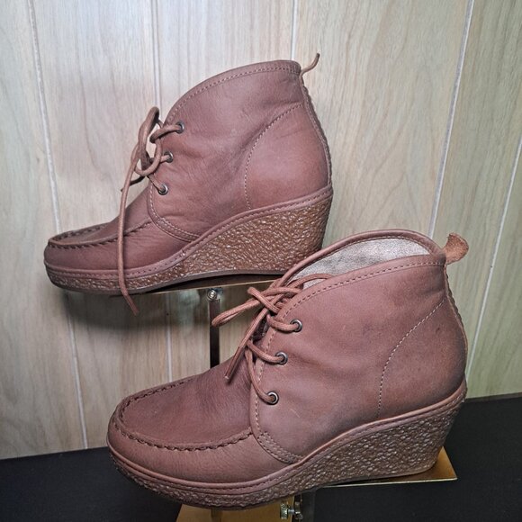 Olukai Wali Wedge Moc Toe Brown Leather  Boots Women Size 5 - Picture 3 of 7